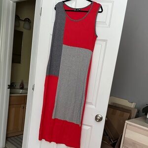 Vibrant Red and Gray Sleeveless Midi Dress
